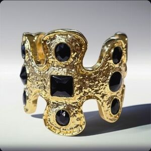 Massive Gold Hammered Byzantine Cross Onyx Cabochon Statement Cuff Bracelet